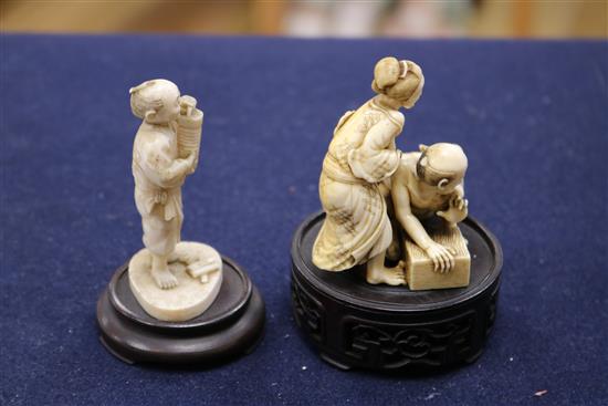 A good Japanese ivory okimono of the Rat Catcher and a figure of a man, both Meiji period